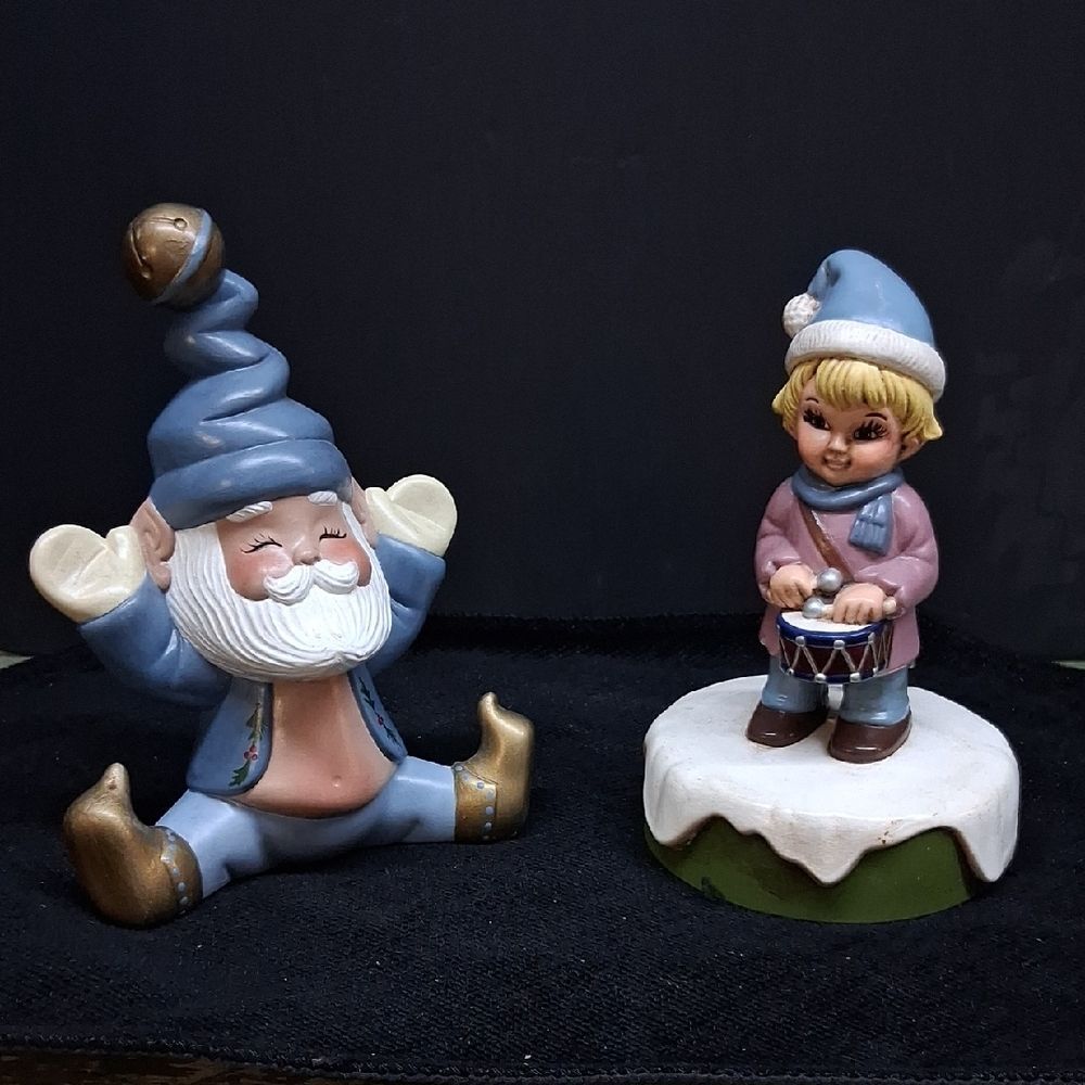 Vintage Ceramic Santa Elf, And Drummer Boy Music Box